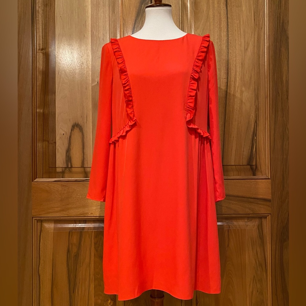 CeCe - Tomato Red/Burnt-Orange Ruffle-Accent Long-Sleeved Dress - EUC - 12